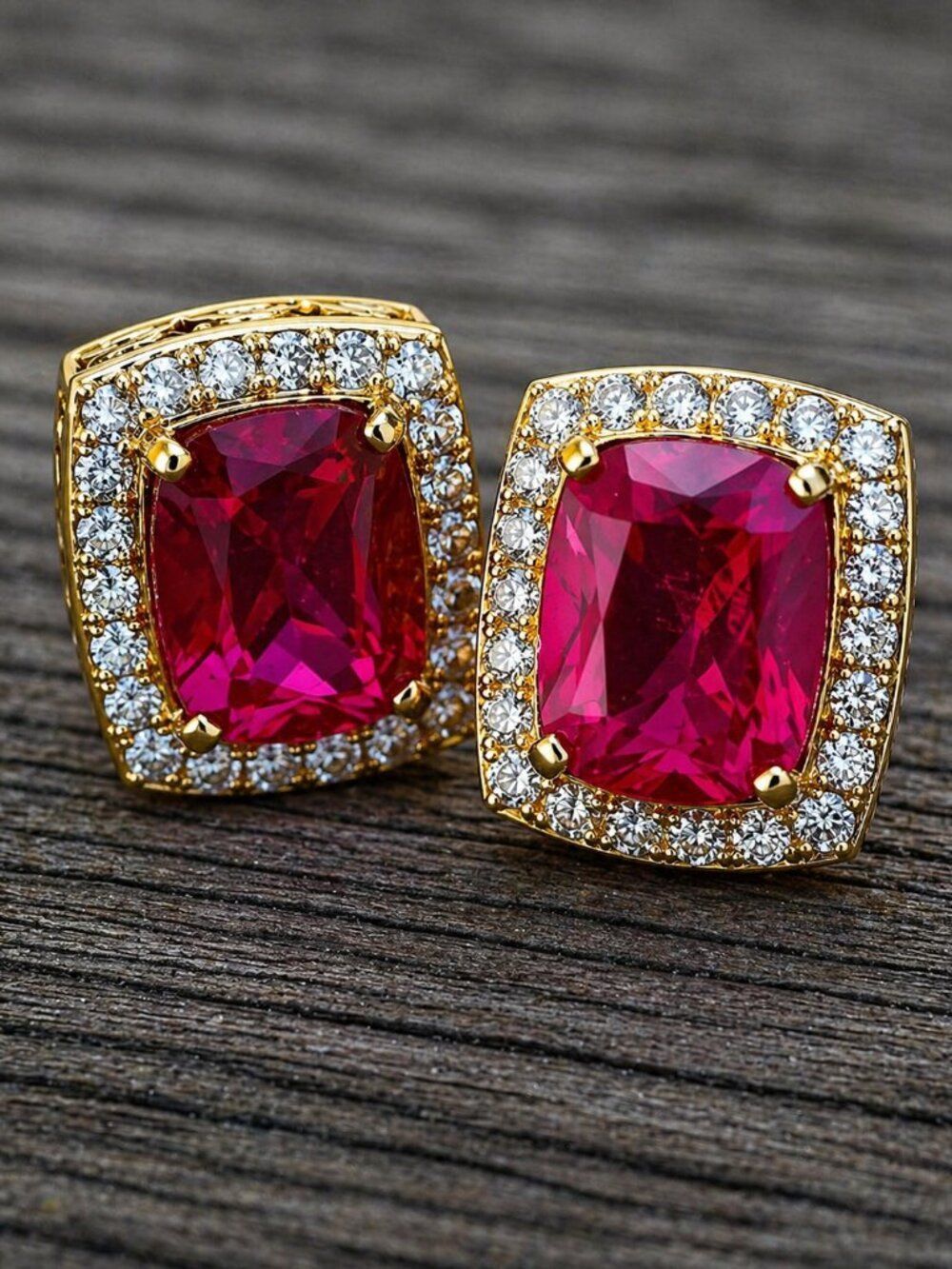Lab Simulated Ruby & Diamond Rectangle Earrings - Picture 3 of 4